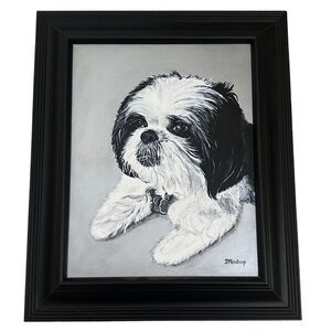 Shih Tzu Dog Puppy Artist Signed Painting Portrait Black Frame 15”x18” Eclectic